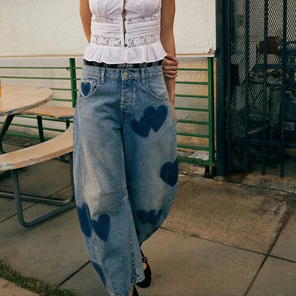 Jeans Women Print Long Pants Casual Loose Denim Blue - Picture 4 of 5